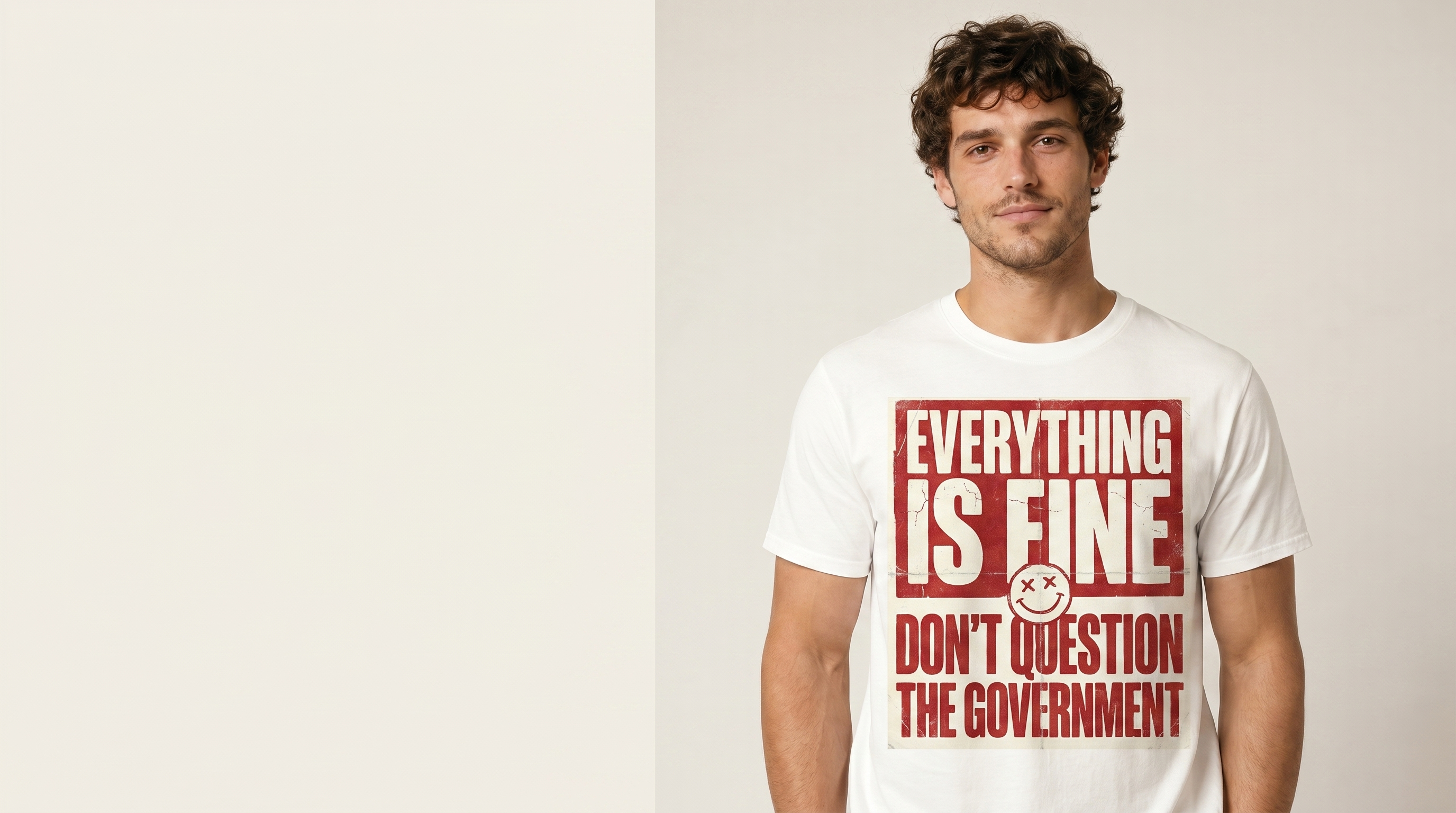 Theplowly hero — Everything Is Fine editorial, model on bone backdrop