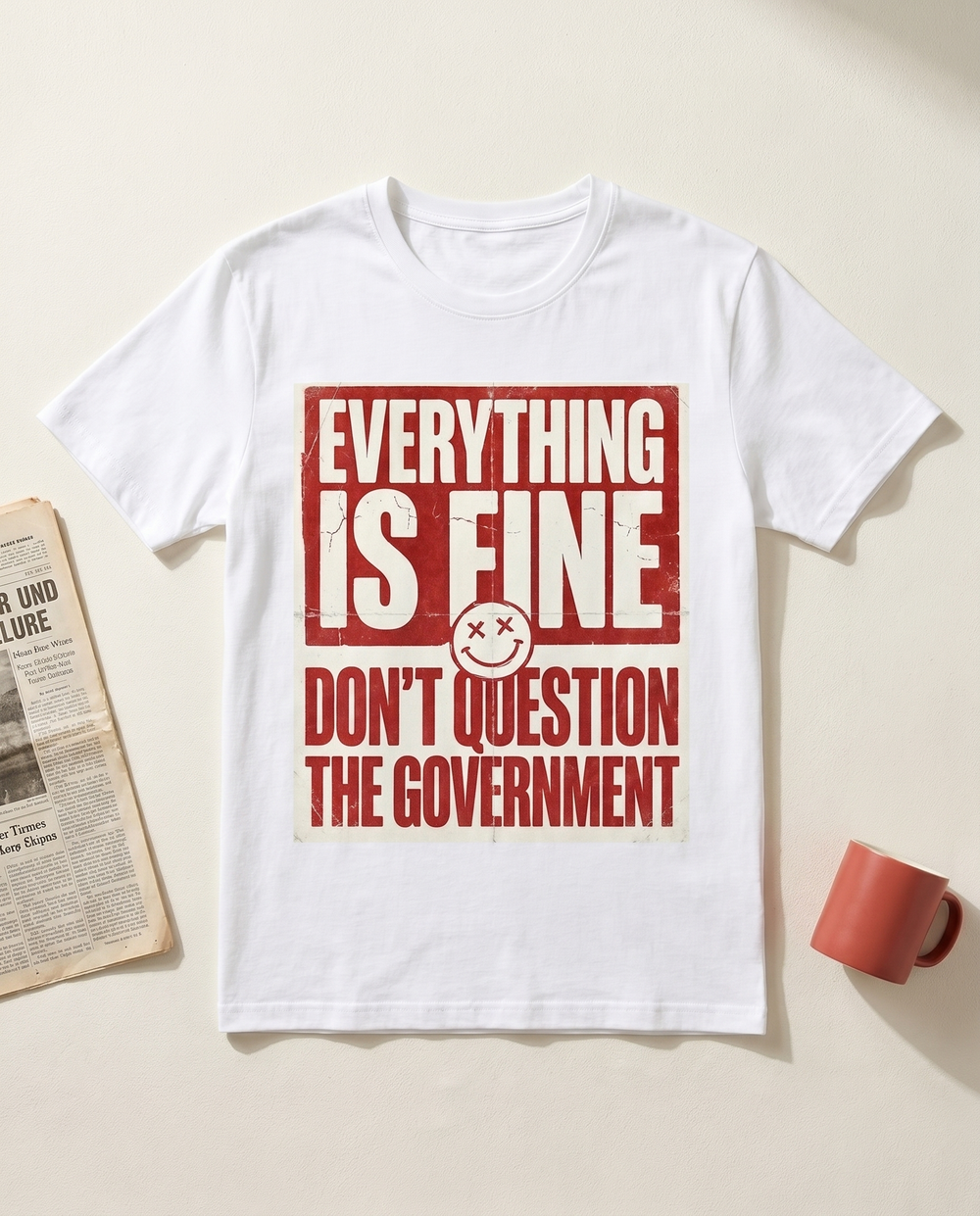Everything Is Fine funny political satire t-shirt with deadpan smiley and propaganda-poster design