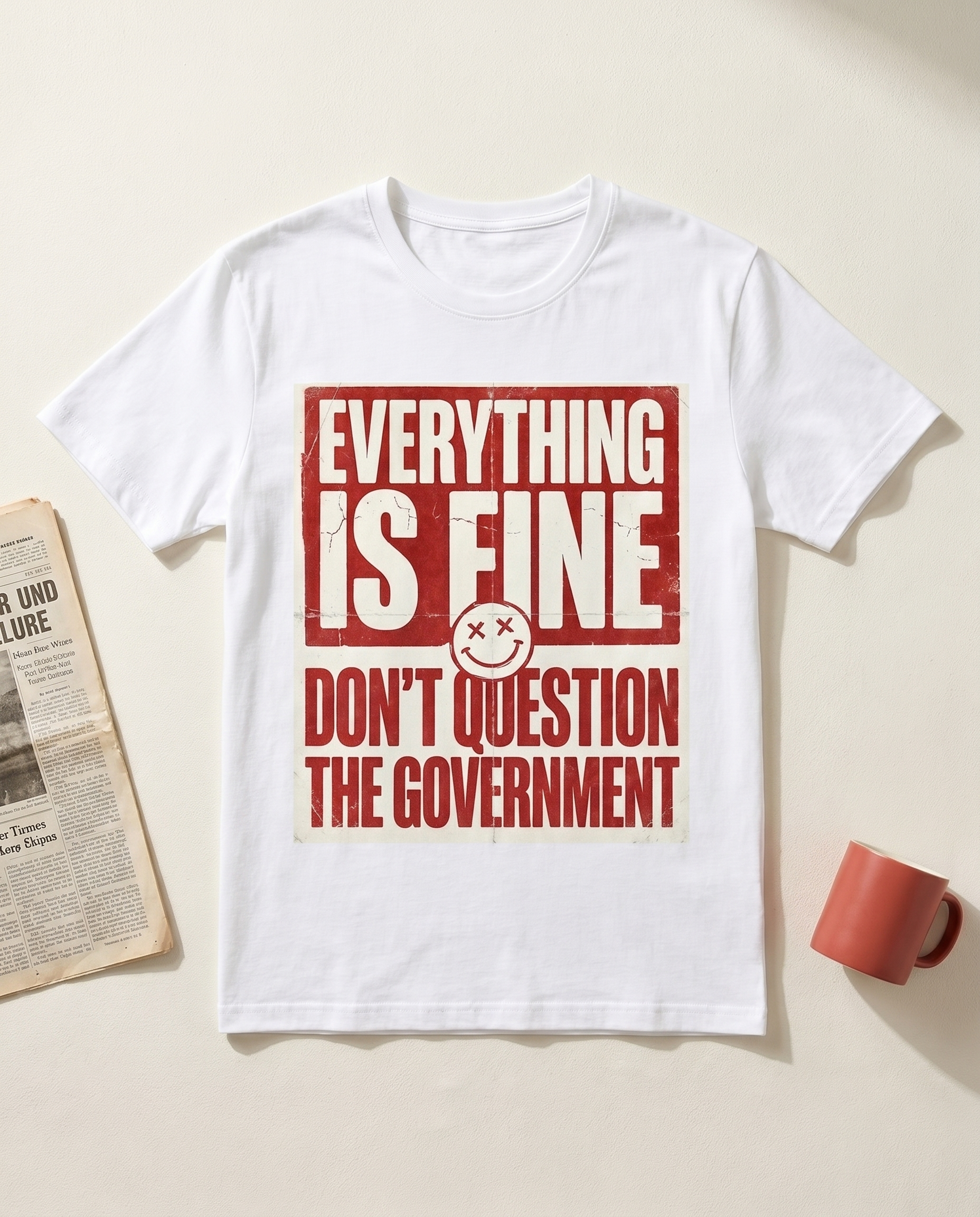 Everything Is Fine sarcastic propaganda graphic tee, flat-lay on bone background