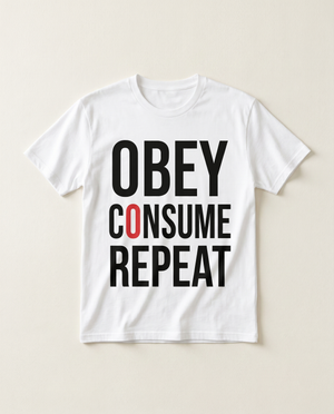 Obey Consume Repeat dystopian minimalist tee, flat-lay on bone background
