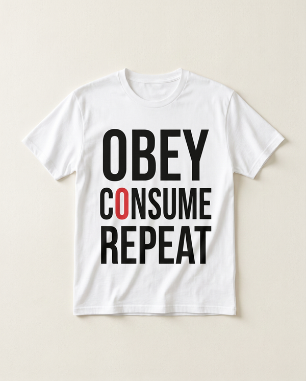 Obey Consume Repeat dystopian minimalist tee, flat-lay on bone background