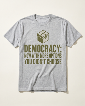 Democracy More Options You Didnt Choose tee, flat-lay on bone background