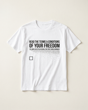 Terms and Conditions Of Your Freedom minimalist tee, flat-lay on bone background