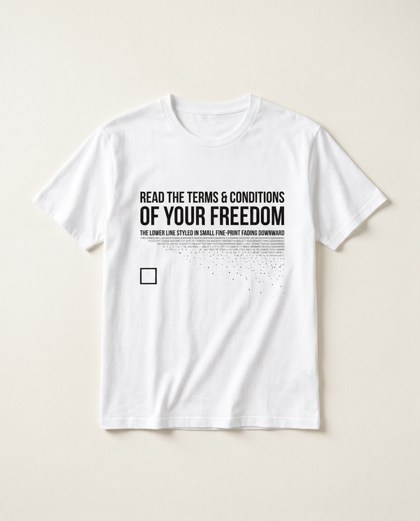 Terms and Conditions Of Your Freedom minimalist tee, flat-lay on bone background